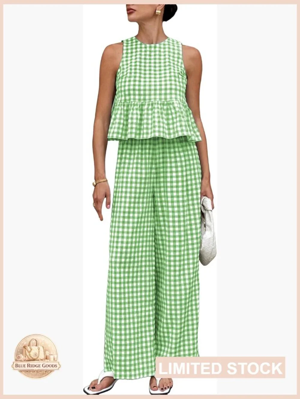 Gingham Plaid Sleeveless Ruffle Tank and Wide Leg Pants Set Summer Matching
